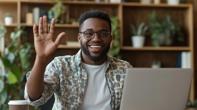 Person waving hello while using laptop in a cozy workspace surrounded by greenery