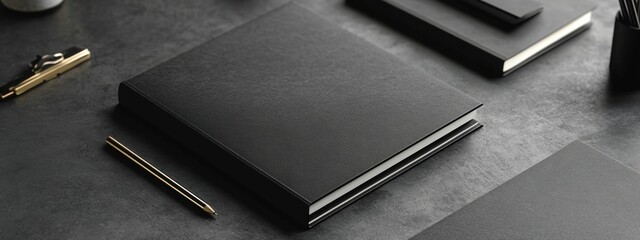 Elegant Black Notebook Mockup Stationery Branding Office Supplies Desk Organization