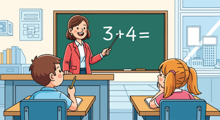Adobe Illustrator Artwork A bright vector illustration of a teacher guiding two happy kids in a classroom, perfect for themes of education, learning, and engaging children's activities