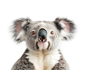 Fototapeta premium Close-up portrait of a Koala bear looking directly at the viewer with a curious and slightly surprised expression, isolated on a white background.