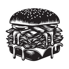 Black Pulled Pork Sandwich Silhouette Vector, High Quality Illustration on White Background