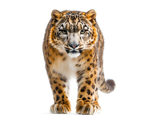 Naklejka premium A majestic snow leopard, facing the viewer, showcasing its striking spotted coat.