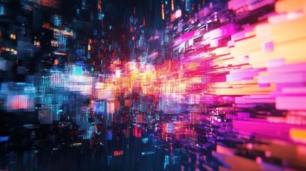 Abstract Digital Cityscape with Vibrant Neon Lights and Glowing Blocks