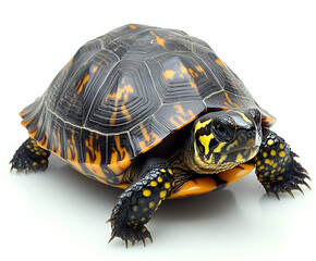 Obraz premium A close-up studio shot of a turtle with a detailed shell and yellow markings.