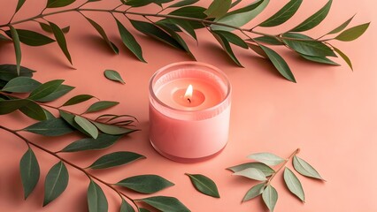 Lit Coral Candle with Green Leaves on Peach Background &ndash; Aesthetic Home Decor Scene

