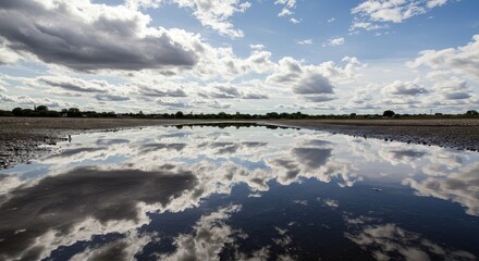 A low-angle view captures scattered white clouds in a blue sky, perfectly reflected in a large, still puddle on a dark, wet road, creating a mirrored landscape effect.