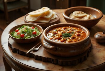Ramadan Iftar Meal with Hearty Stew, Fresh Salad, and Rustic Bread in Wooden Bowls

