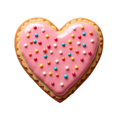 A heart shaped cookie with pink frosting and colorful sprinkles isolated on transparent background
