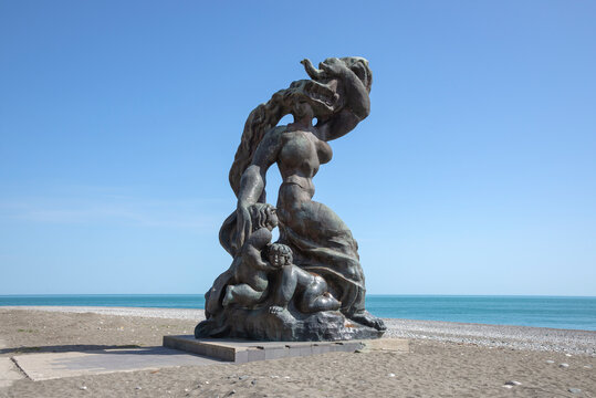 PITSUNDA, ABKHAZIA - MAY 09, 2025: Sculpture "Medea - daughter of the King of Colchis" on the Black Sea coast. Pitsunda, Abkhazia