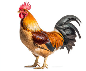 Fototapeta premium A vibrant rooster stands proudly, showcasing its colorful plumage and distinctive comb against a plain white background.