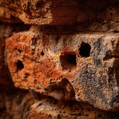 Fototapeta premium Close-up of a weathered, reddish-brown brick wall, showing texture, holes, and age. The bricks are worn, with some areas darker than others