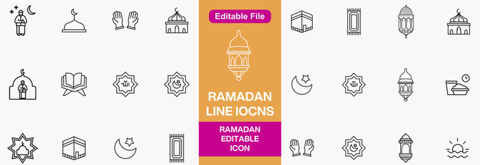 Islamic icon with thin line style, use for Islamic event or pictogram assets, Ramadan Kareem, IED Mubarak. Islamic Line Art Icons Set. Ramadan Kareem Line Vector Icons.