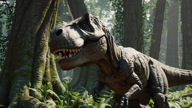 A realistic 3D render of a T-Rex in a lush jungle, captured from a low-angle shot, resembling a scene from a prehistoric video documentary.