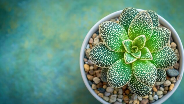 Potted succulent, top view, teal background, home decor - Powered by Adobe