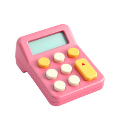 A close up of a pink calculator with yellow and white buttons isolated on transparent background