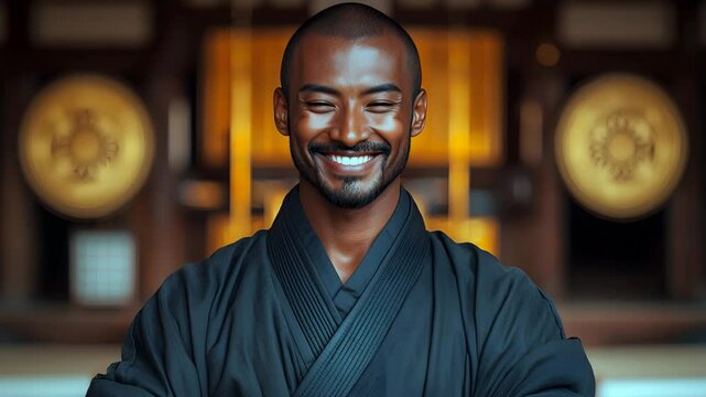 Disciplined martial arts master in traditional dojo setting