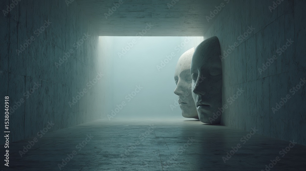 Poster Surreal Mask Fading Into a Neutral Void, Creating an Atmospheric and Thought-Provoking Visual Experience