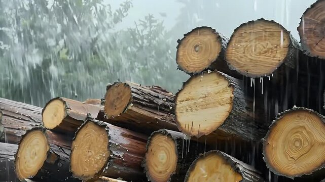 rain soaked stack beech wood logs glistens falling droplets offering detailed ultra HD view wet firewood natural outdoor setting