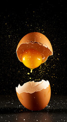 Broken Egg with Dripping Yolk and Splatter on Black