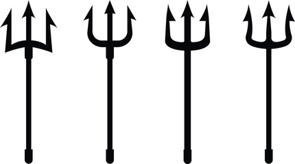 Trident devil or satan flat icons set. Pitchfork Poseidon weapon and Neptune spear vectors. Symbol hell and evil isolated on transparent background. Symbolizing strength, mythology and maritime theme.
