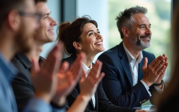 Conference, applause and business people with achievement, smile and feedback with support. Audience, laughing or group in workplace, clapping or success with thank you, humor or event with cheering