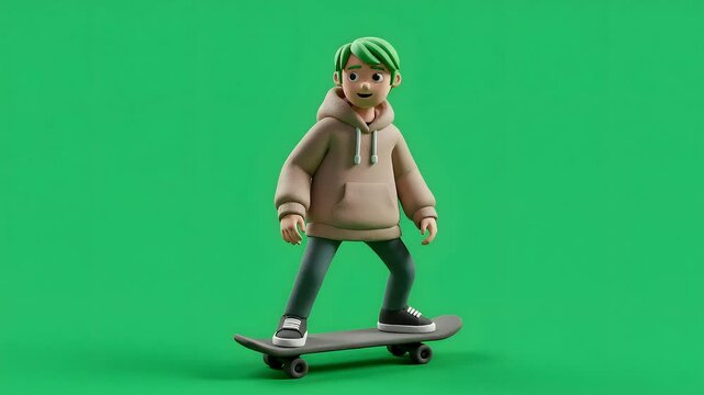 A 3D clay animated model figure character, a boy with vibrant green hair, is depicted skateboarding on green screen background
