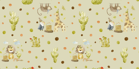 Seamless Watercolor Pattern with Jungle Animals &ndash; Giraffe, Lion, Toucan, Monkey &ndash; Birthday Party Celebration, Balloons, Confetti, Festive Kids Design, Wrapping Paper, Textile & Nursery Decor