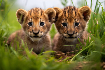 Obraz premium A heartwarming sight of two precious lion cubs nestled closely together in a vibrant green meadow. Their piercing blue eyes gaze directly at the viewer, exuding an irresistible blend of innocence 