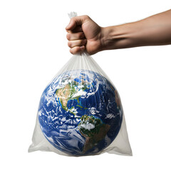 Earth in a clear plastic bag with handles, visual protest for International Plastic Bag Free Day, on transparent background.