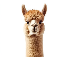 Close-up portrait of a light brown alpaca, facing the camera, against a white background.