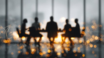 Focused business meeting at a roundtable, abstract network background blurred, highlighting cooperative efforts. High quality