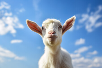A young white goat kid smiles under a bright blue sky, showcasing its adorable face and perky ears