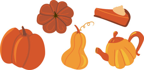 Vector set of pumpkin elements: various pumpkins, teapot, slice of pumpkin pie in warm orange and brown tones. Perfect for autumn decor, Thanksgiving and seasonal design, harvest illustrations.