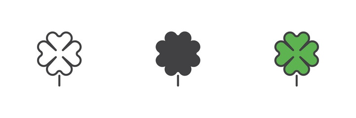 Four-leaf clover icon set in line, solid and filled outline style