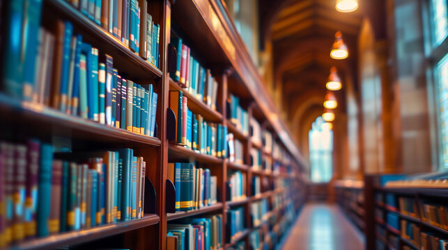 A library with receding bookshelves bathed in soft light, symbolizing the endless pursuit of knowledge.
