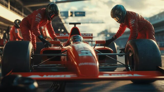 An exciting Formula 1 pit stop sees skilled mechanics rapidly changing tires with highspeed precision and expertise