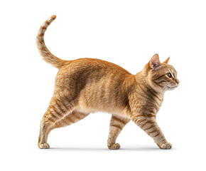 Cute ginger tabby kitten, small and playful, standing isolated on a white background