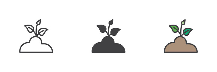Plant with leaves in soil icon set in line, solid and filled outline style