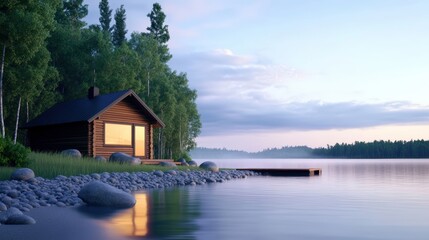 A serene lakeside scene featuring a cozy wooden cabin, surrounded by trees and calm water reflecting the soft evening light.