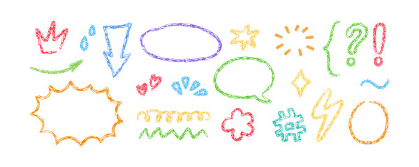 Crayon doodle element set. Hand drawn speech bubbles, star, cloud. Color pencil underline, arrow, spark drawing. Kids doodle chalk style hashtag and lightning. Vector illustration on white background.
