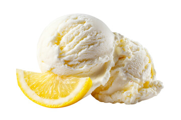 Lemon ice cream scoops isolated on transparent background.	
