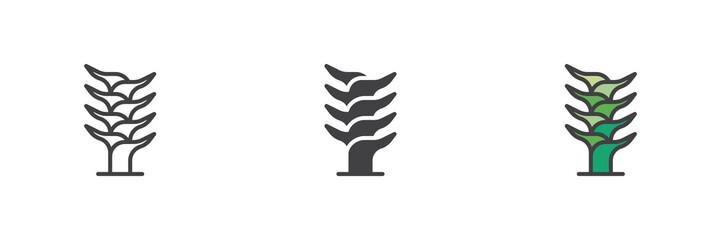 Tall leaf plant icon set in line, solid and filled outline style