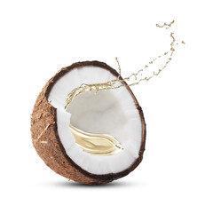 Coconut oil splashing out of nut on white background