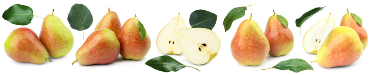 Fresh pears and green leaves on white background, set