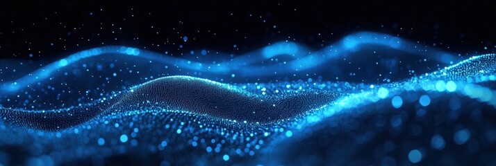A digital wave of glowing blue particles creates an abstract, futuristic landscape against a dark background, symbolizing data flow and technology.