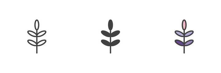 Stylized floral stem icon set in line, solid and filled outline style