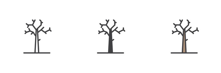 Bare tree icon set in line, solid and filled outline style