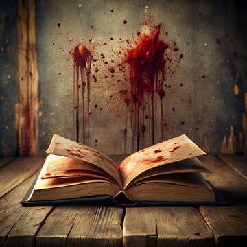Horror book with blood stained pages turning Omi background