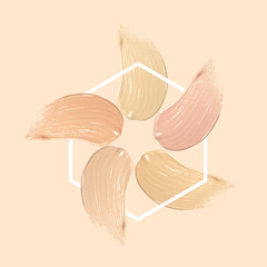 Different shades of foundation and frame on beige background. Color palette of makeup product