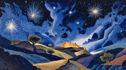 A starry sky above a hilly landscap with vivid colors